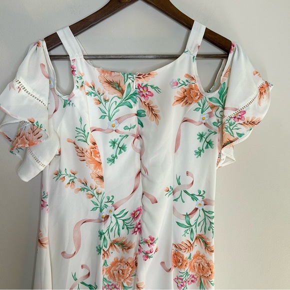 Beauty and the Beast Floral Dress Cold Shoulder Asymmetrical Hem Medium - Picture 5 of 10